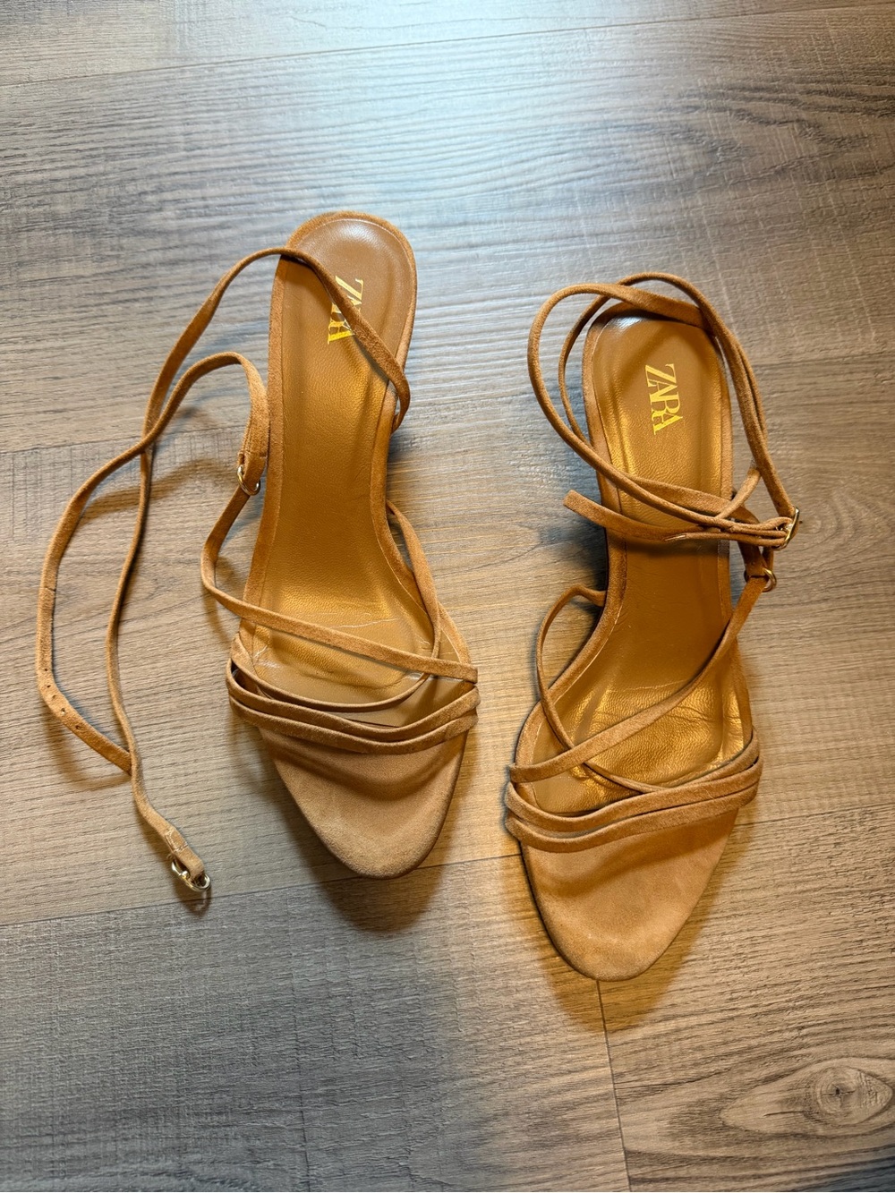 Zara Tan Strappy Ankle-Tie Kitten Heels